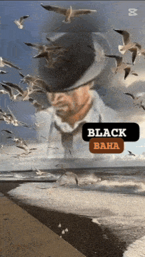 a man in a hat is surrounded by seagulls on a beach with the words black baha on the bottom