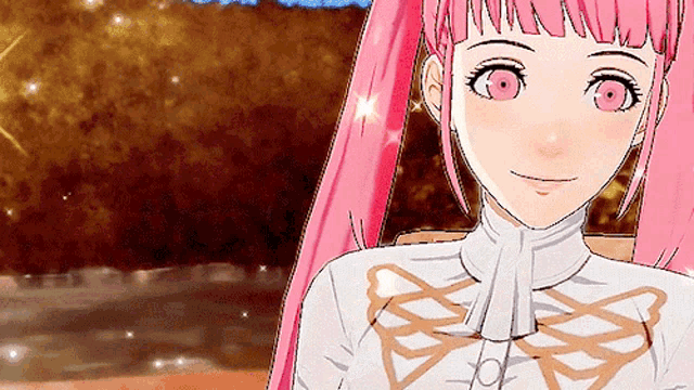 a close up of a pink haired anime girl in a white shirt
