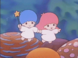 a blue haired boy and a pink haired girl are standing on a mushroom holding hands