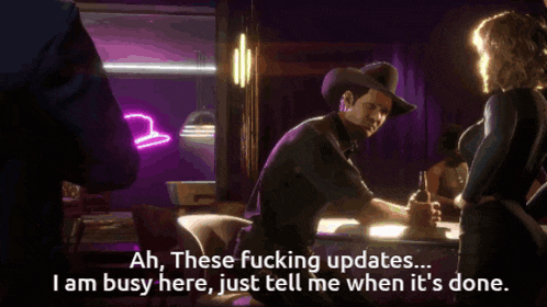 a man in a cowboy hat says ah these fucking updates i am busy here just tell me when its done