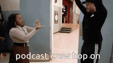 a man and a woman are standing in front of a door with the words podcast crew hop on on the bottom