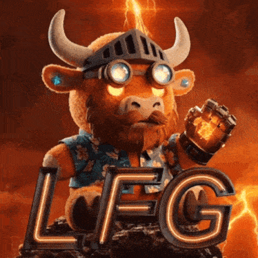 a cartoon bull wearing a knight 's helmet and goggles holds a glove with a lightning bolt on it