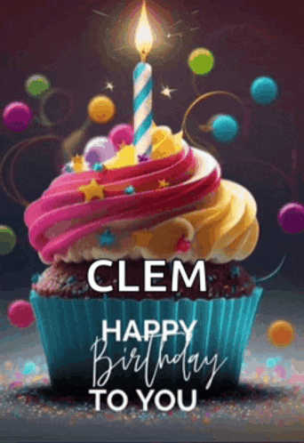 a colorful cupcake with a lit candle and the words happy birthday to you