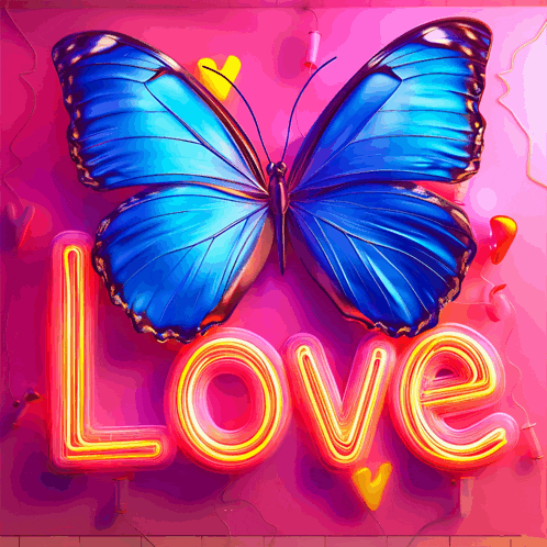 a blue butterfly sits above the word love