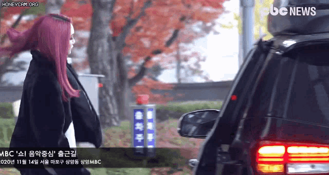 a woman with purple hair is walking towards a car that says abc news on the bottom