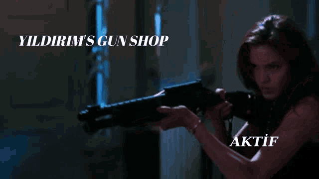 a woman holding a gun with the words yildirim 's gun shop in the corner
