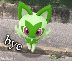 a green and white cat with pink eyes is standing on a sidewalk and says bye