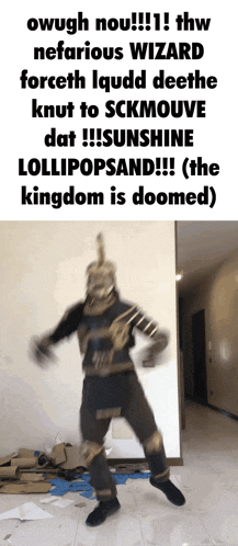a man in a knight costume is dancing in front of a wall