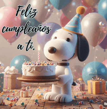 snoopy is holding a birthday cake with a lit candle and says " feliz cumpleanos a ti "