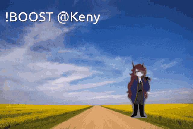 a drawing of a person standing on a dirt road with the words boost @keny above them