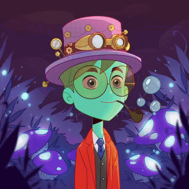 a cartoon drawing of a boy wearing a top hat and goggles