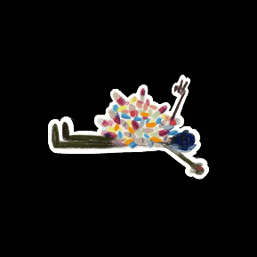 a sticker of a person laying on the ground surrounded by pills