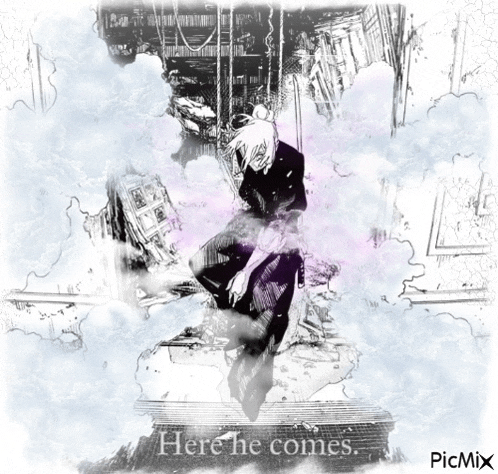 a drawing of a person with the words here he comes below them
