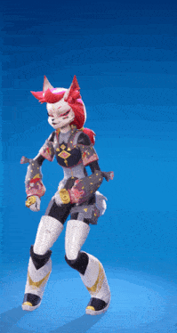 a video game character with a fox mask on her head
