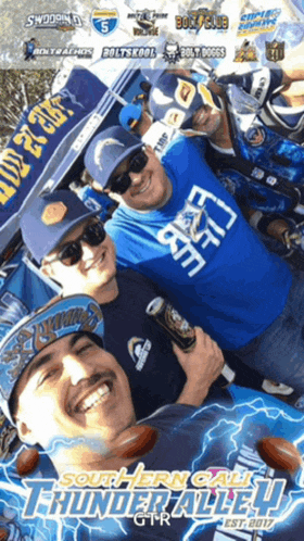 a group of men are posing for a photo with thunder alley written on the bottom