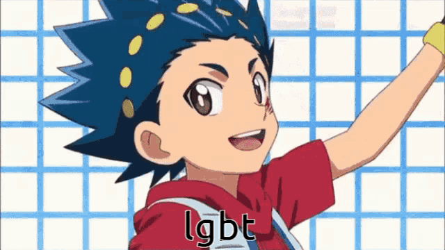 a boy with blue hair and a red shirt is standing in front of a grid .