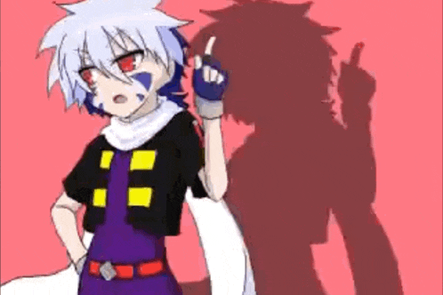 a cartoon character is standing in front of a red background with a shadow of another character .