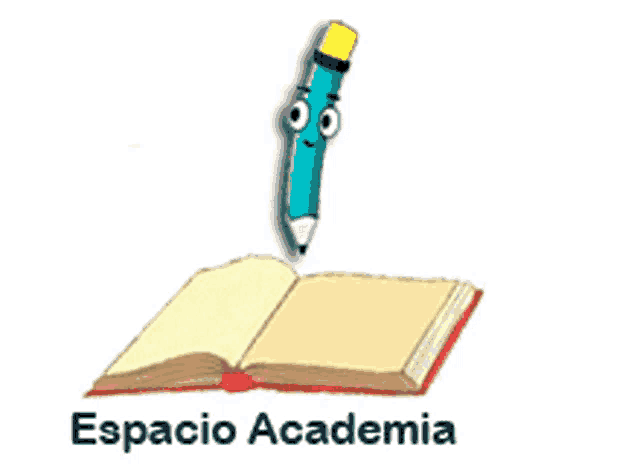 a cartoon drawing of a pencil writing in an open book with the words espacio academia below it