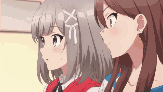 two anime girls are standing next to each other and one has a white bow on her hair