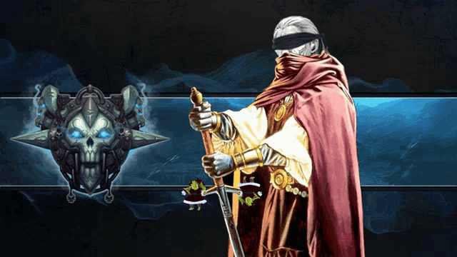 a painting of a man holding a sword with a skull in the background