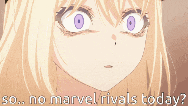 a blonde anime girl with purple eyes and the words so no marvel rivals today below her