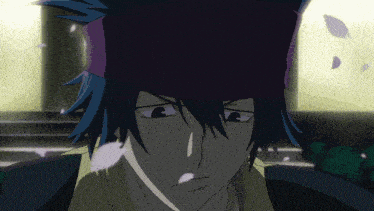 a man with blue hair and a purple hat