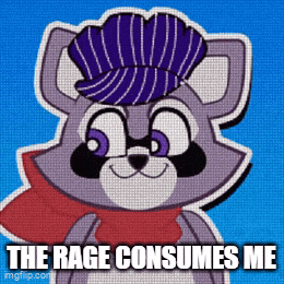 a raccoon wearing a purple hat and scarf with the words the rage consumes me below it