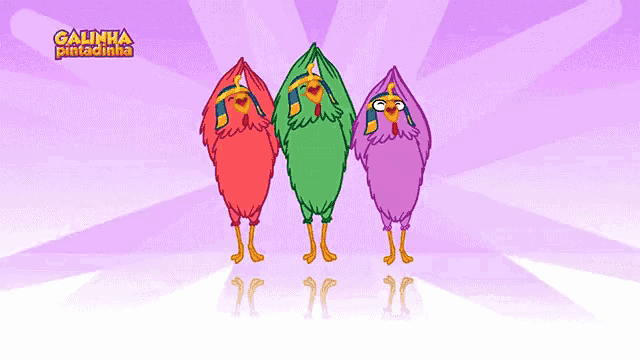 three cartoon chickens are standing next to each other with the words galinha pintadinha on the bottom