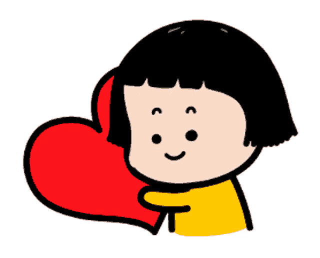 a cartoon of a girl hugging a red heart with a heart in the background