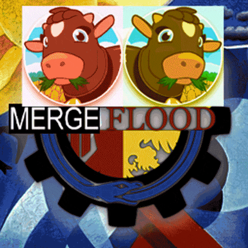 a picture of two cows and the words merge flood