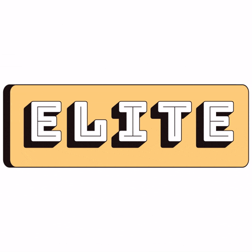 a yellow sign with the word elite in blue and red letters