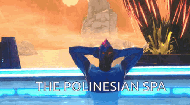 an advertisement for the polinesian spa shows a man laying in a pool