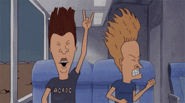 a cartoon of beavis and butthead wearing metallica and ac dc shirts