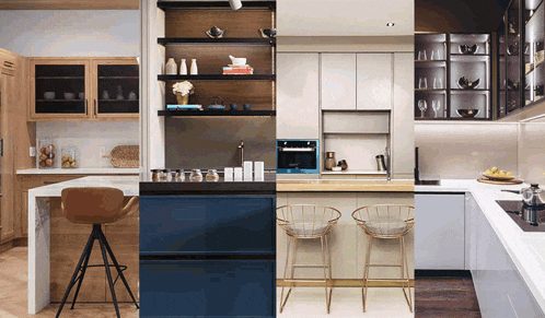 a collage of four pictures of kitchens including one with a blue cabinet