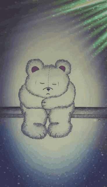 a drawing of a teddy bear sitting on a railing with aurora borealis in the background