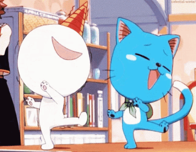 a blue cat is dancing next to a white cat in a room