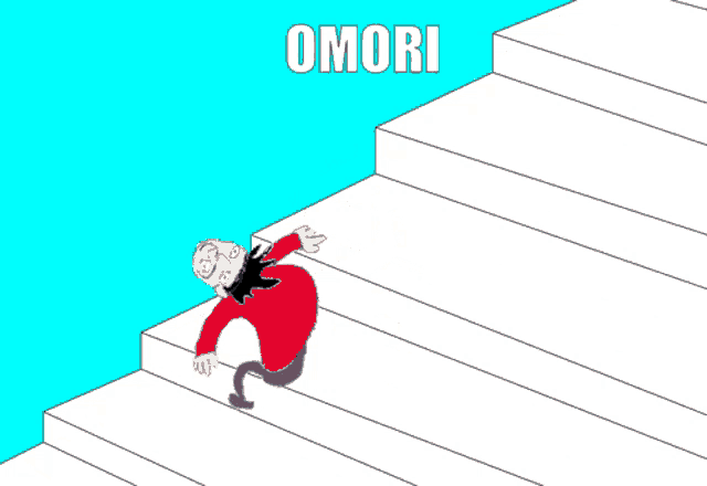 a cartoon of a person doing a handstand on a set of stairs with omori written on the bottom