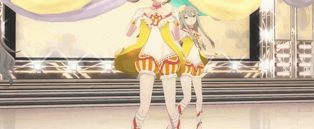 two anime girls are dancing on a stage in front of a purple curtain