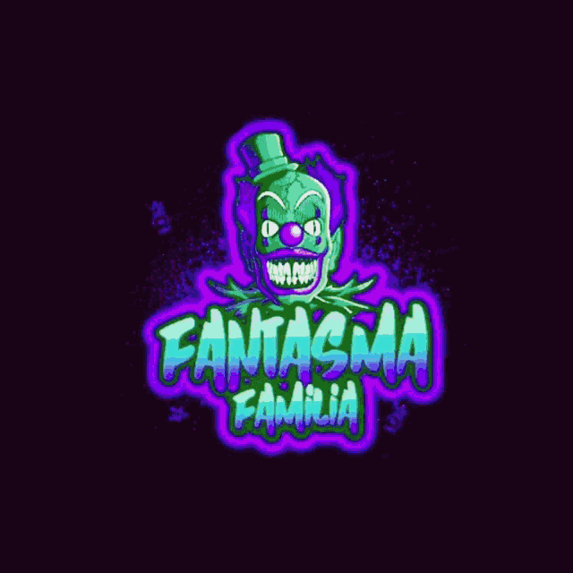a logo for fantasma familia shows a clown with a top hat on