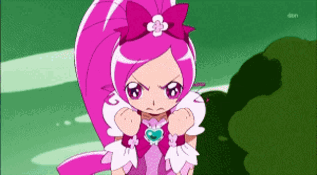 a cartoon girl with pink hair and a flower on her head has her fist up