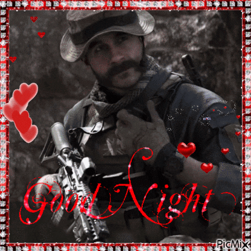 a picture of a man holding a gun with the words good night written on it