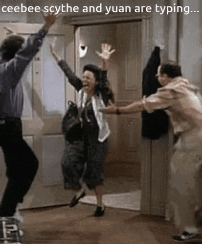 a group of people are jumping in the air with the caption " ceebee scythe and yuan are typing ... "