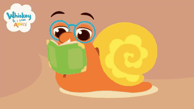 a snail wearing glasses is reading a book with whiskey written on the bottom right corner
