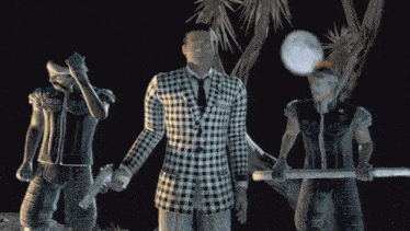 a man in a black and white plaid suit stands between two men