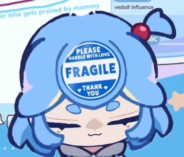 a girl with blue hair is wearing a fragile sticker on her head