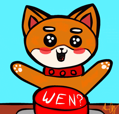 a cartoon dog with a red collar and a red button that says wen