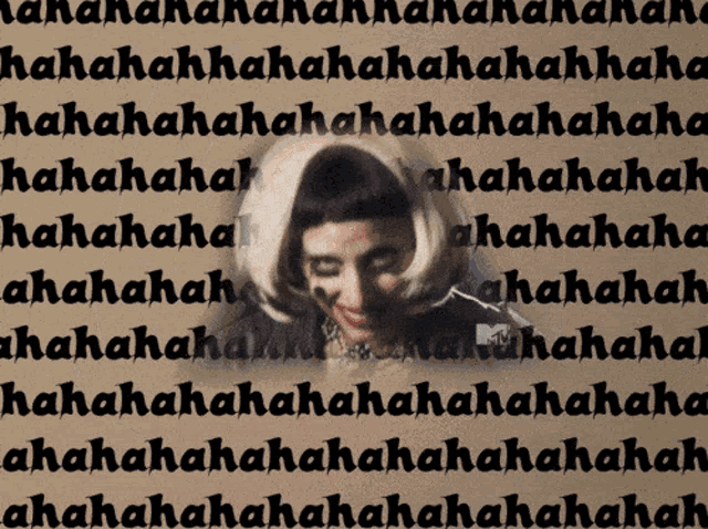 a picture of a woman is surrounded by a repeating pattern of laughing phrases