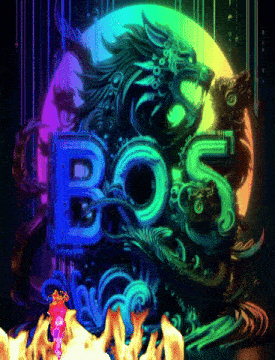 the word bos is on a colorful background with a dragon