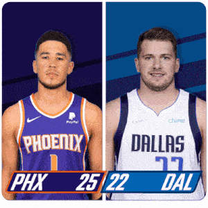 two basketball players from the phoenix and dallas teams are shown