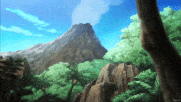 a painting of a mountain with trees in front of it